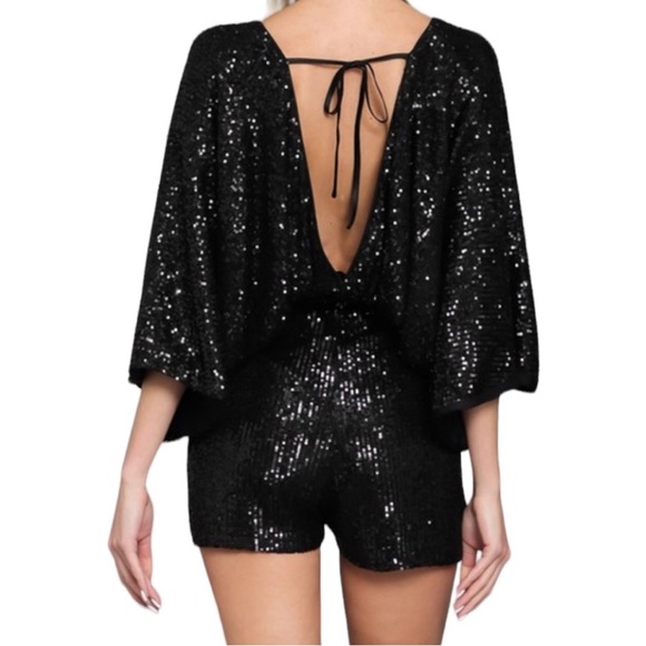 Black Sequined Dolman Sleeve Romper - Picture 14 of 16